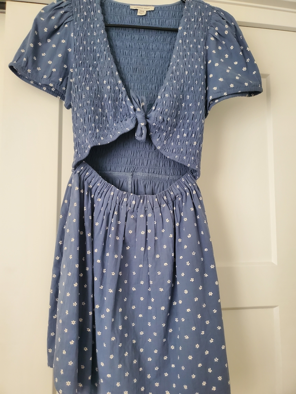 Smocked Tie-Front Womens Dress in Dusty Blue with White Floral Print